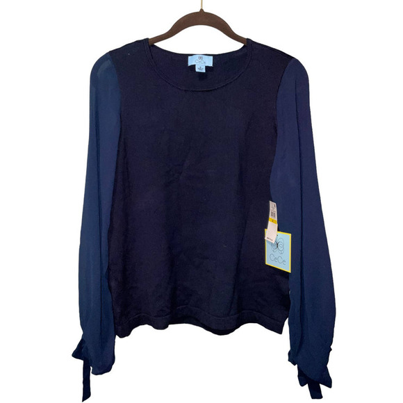 CeCe Women's Cotton Chiffon-Sleeve Mixed-Media Sweater Navy SIZE: M NWT - Picture 2 of 8